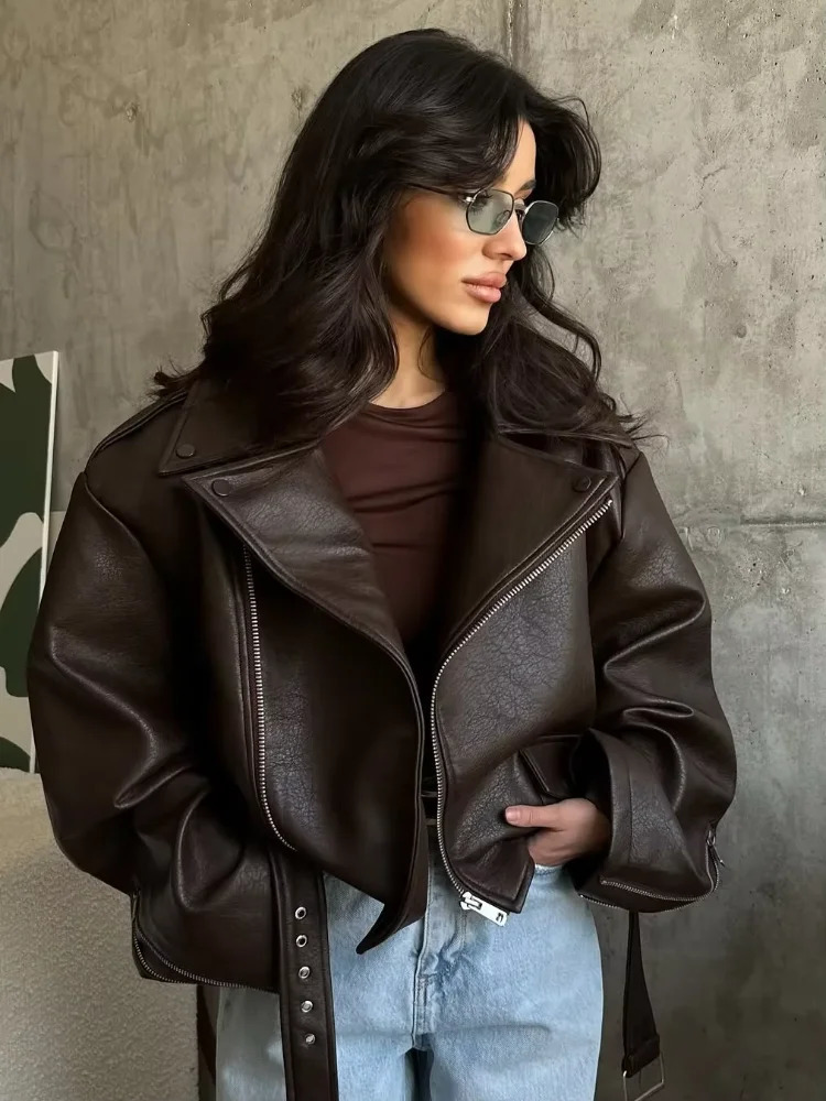 Casual Dark Red Zipper Leather Short Jacket Long Sleeve Lace Up Lapel Loose Button Coat Lady Daily High Street Wear 2025 251126