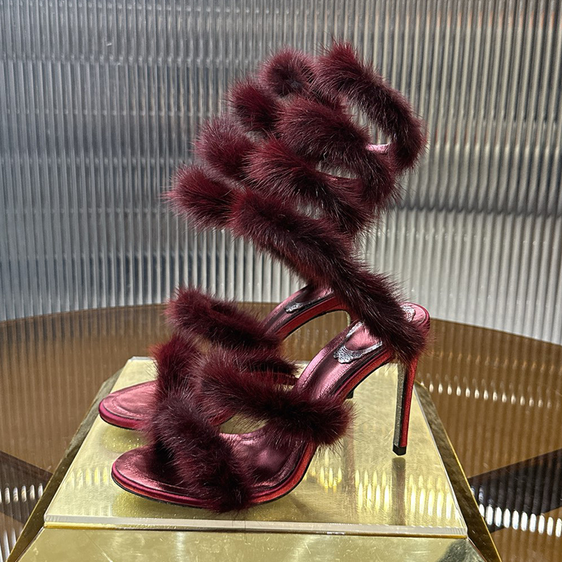 Famous new mink hair snake straparound the high heel sandals round toe open toe ladies wedding shoes luxury designer fashion temperament evening dress shoes With box
