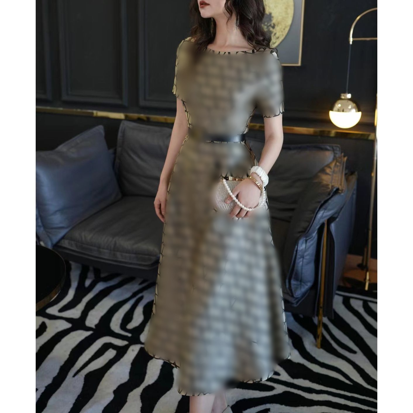 Women logo letter geometric jacquard short sleeve sashes designer dress with belt ball gown high waist midi vestidos MLXLXXL3XL4XL