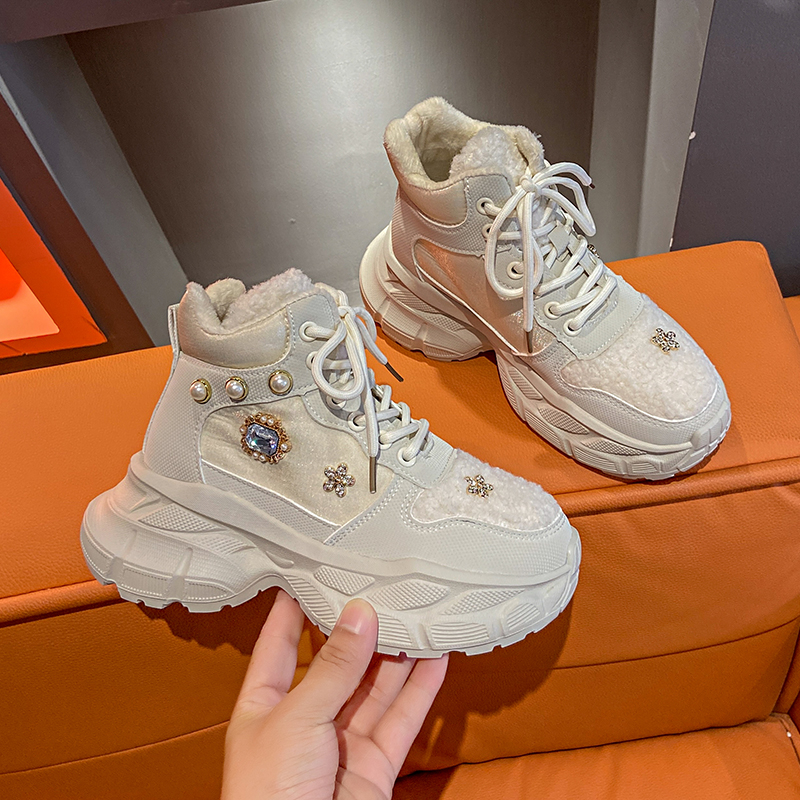 Winter Fashion Warm Shoes Crystal Metal Decorative Thick Soled Sports Shoes Women's Luxury Plush Warm BootsWomen's Luxury Velvet Warm Boots 