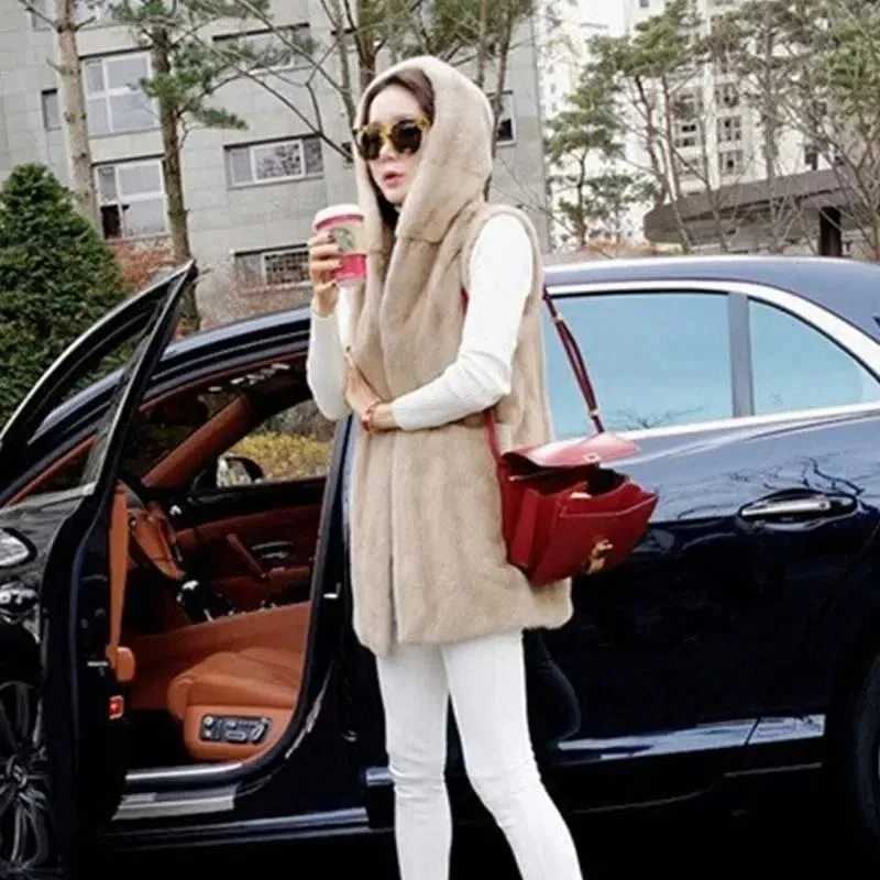 Hooded Vest Coat Womens Long 2025 Autumn Winter New Fur Imitation Rex Rabbit Fur Sleeveless Jacket Fashion Waistcoat Top FemaleT251128