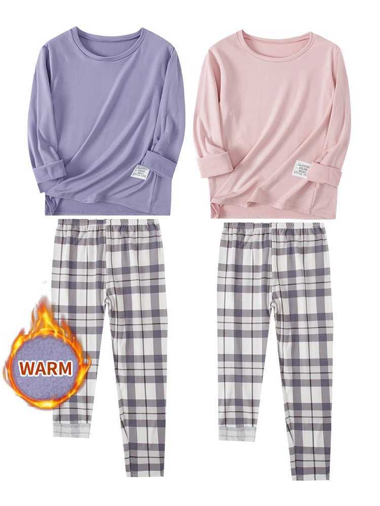 14 Teen Solid Color T-shirt Plaid Trousers Home Service Girl Round Neck Pajamas Junior High School Boy Leisure Suit Spring And H260403