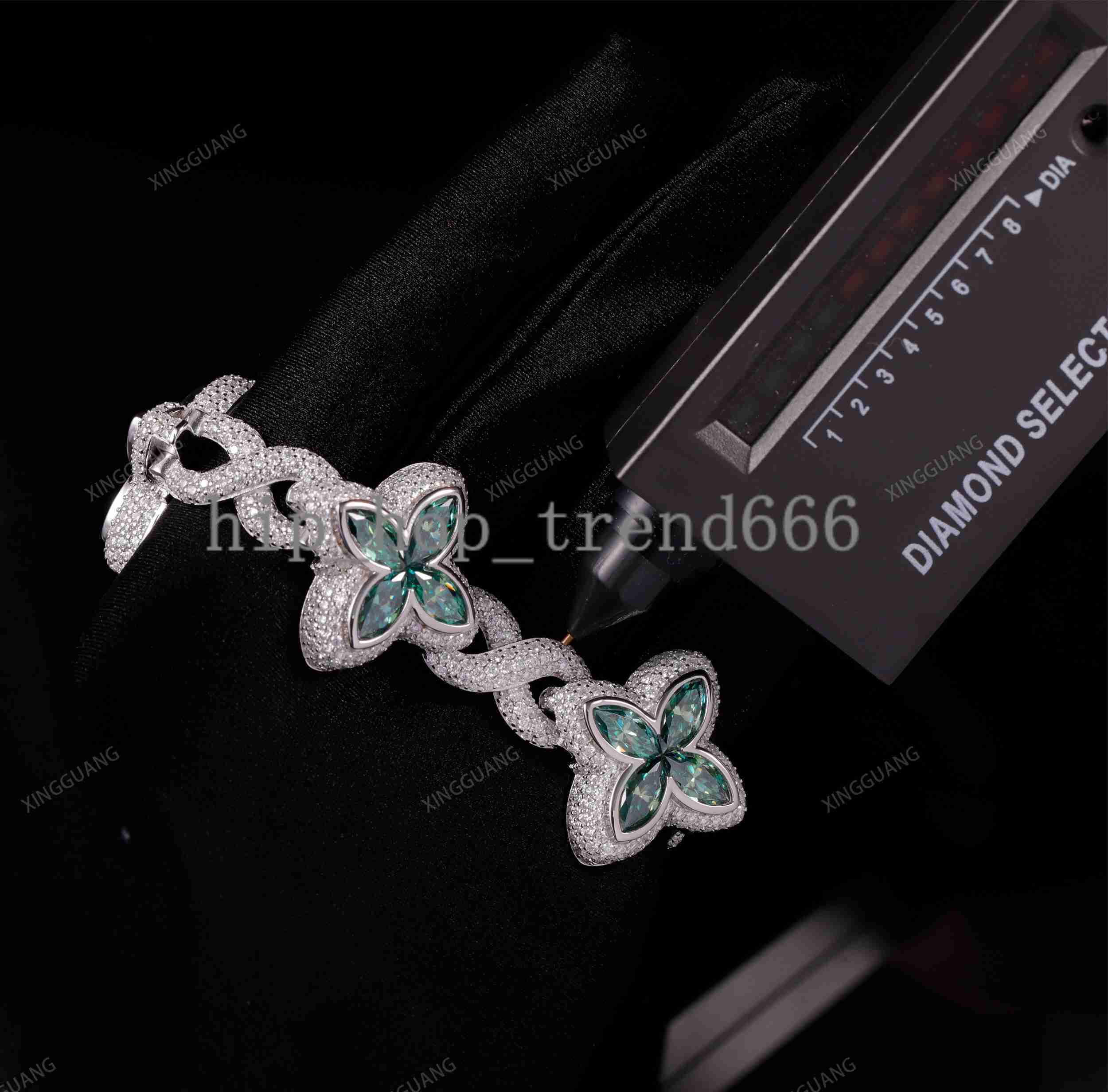 New Trendy VVS Diamond Infinity Link Cuban Bracelet 925 Silver Gold Plated Green Moissanite Clover Cuban Bracelet for Men Women