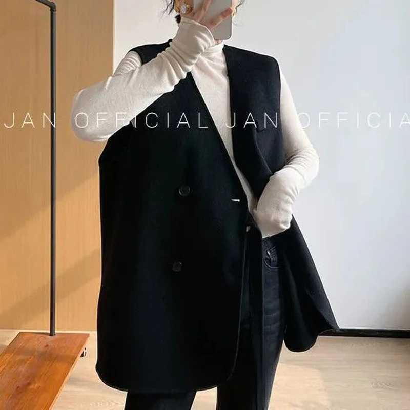 Women Korean Fashion Minimalist Lace Up Asymmetrical Chic Woolen Vest Jacket Office Lady Solid V Neck Sleeveless Loose WaistcoatT251128