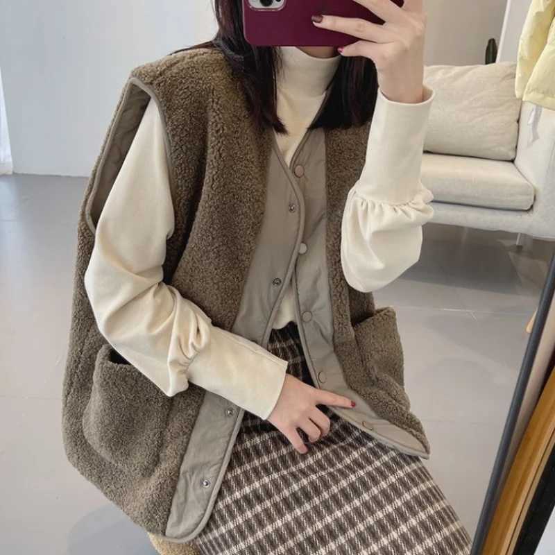 Lambswool Vests Spring Autumn Two Sides Wear Solid Loose All-match Soft Sleeveless Outerwear Stylish Casual Simple Korean StyleT251128