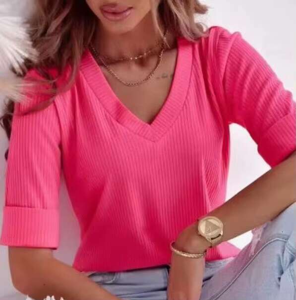 DHEssentials JAC228 DK687 Women's Regular Solid Color Mid Sleeved Casual V-neck Tops