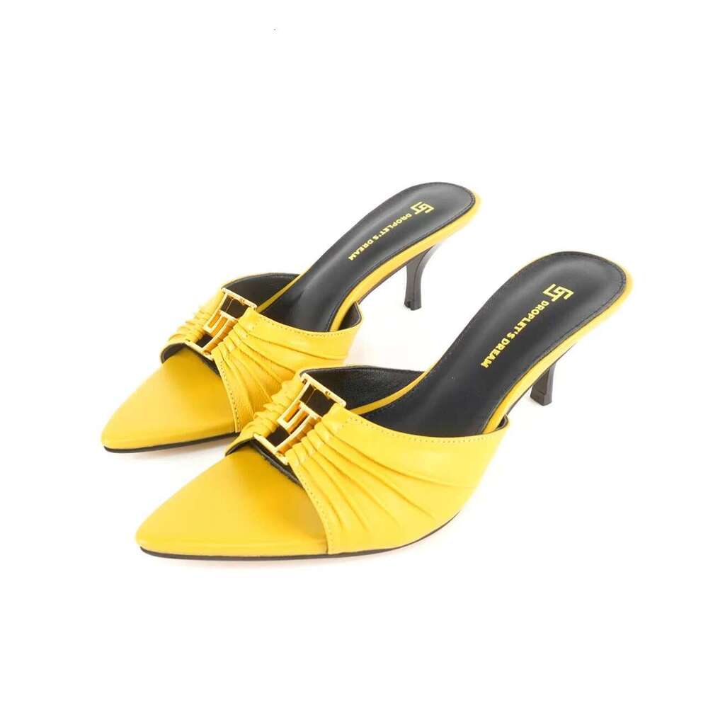 2025 Summer New Super High Leather Folded Metal Buckle Pointed Open Toe Cool Dragging Thin Heel Women's Shoes