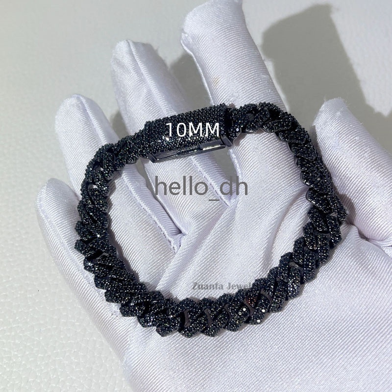 Rapper Jewelry Hip Hop Sterling Silver 8MM 10MM 13MM 15MM Black Moissanite Iced Out Cuban Bracelet