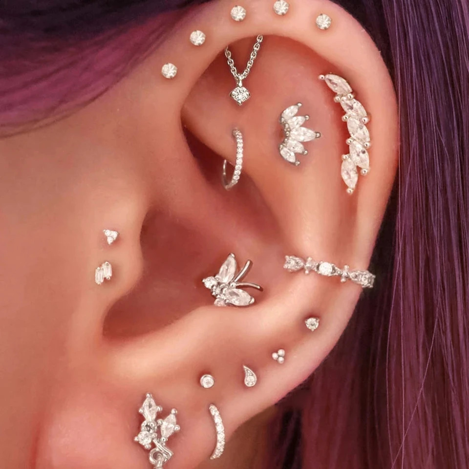 Set of 11pcs 16G 18G Stainless Steel Small Tiny CZ Ball Flat Back Stud Earring Multiple Piercing Cartilage Tragus Helix Earrings 250427