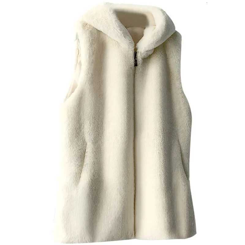 Hooded Vest Coat Womens Long 2025 Autumn Winter New Fur Imitation Rex Rabbit Fur Sleeveless Jacket Fashion Waistcoat Top FemaleT251128