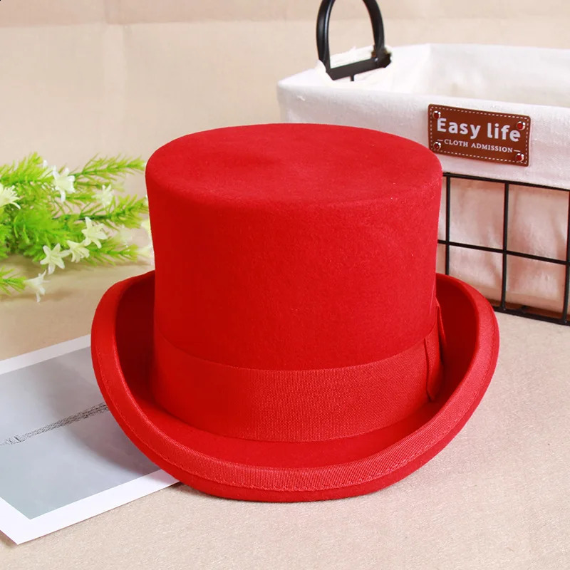 2024 Wool Flat Man Top Hat Fashion Fedora Hats Versatile Panama Magician Cap Gentleman Cylinder Strap Steampunk Unisex Elegant 250417bj