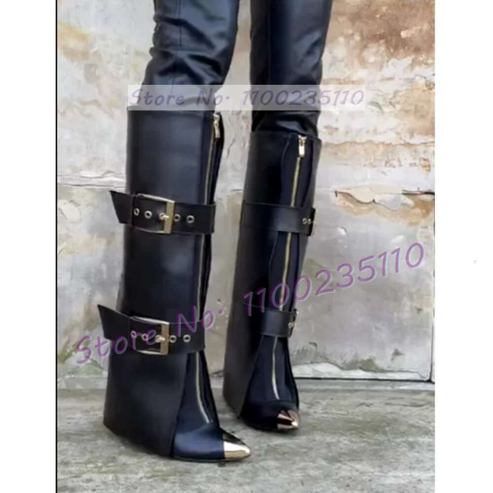 Belt Buckle Strap Fold Over Women Fashion Gold Pointed Toe Thin High Heel Dress Shoes Ladies Stylish Cool Front-zip Boots