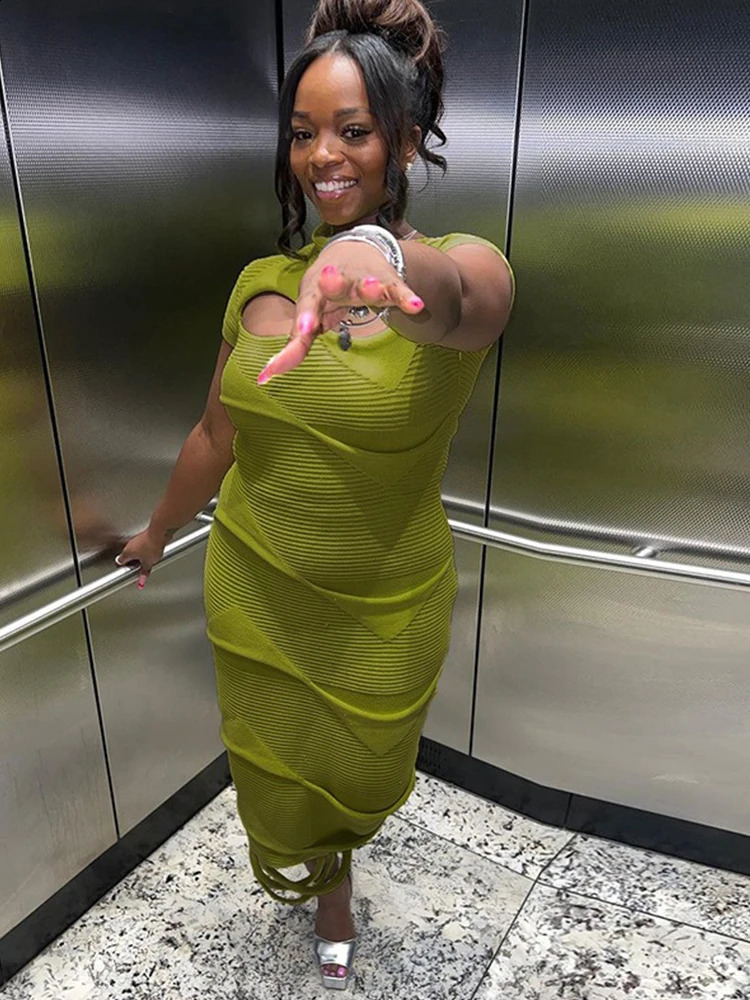 Womens green tight corset short sleeved summer sexy elegant party dress womens hollow thin knitted dress 250423