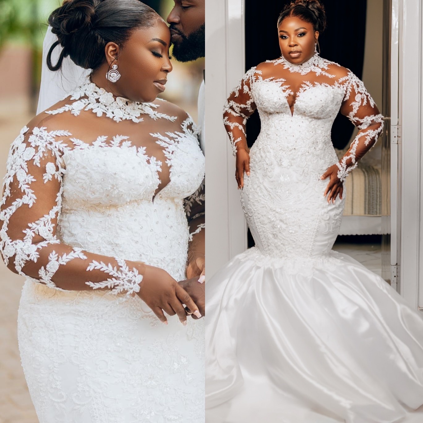 2025 Oversize Aso Ebi Plus Size White Wedding Dress Lace Beaded Full Sleeves Sheer Neck Satin Bridal Gowns Dresses ZJ055