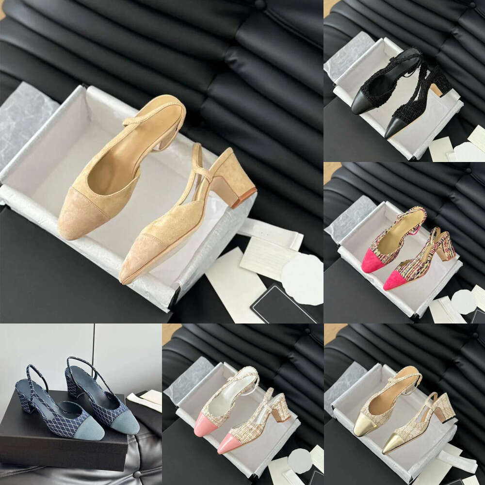 25 New Designer women shoe heels Office Party dress Wedding shoes Luxury slingback kitten sandals Suede Patent Leather Tweed women's flat chunks block heel sandal