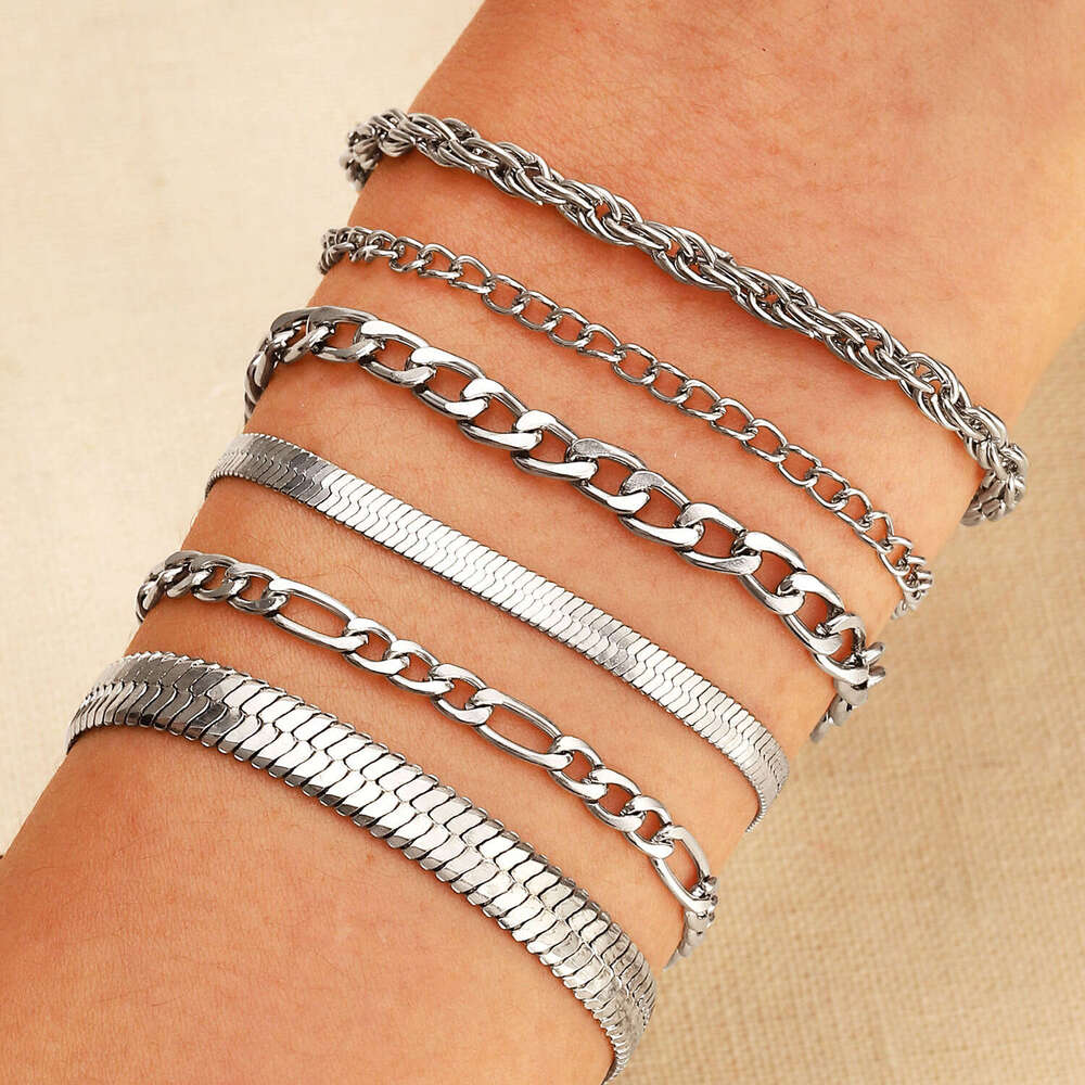 Handmade simple multi-layer metal snake bone chain Cuban fashionable layered six in one set bracelet