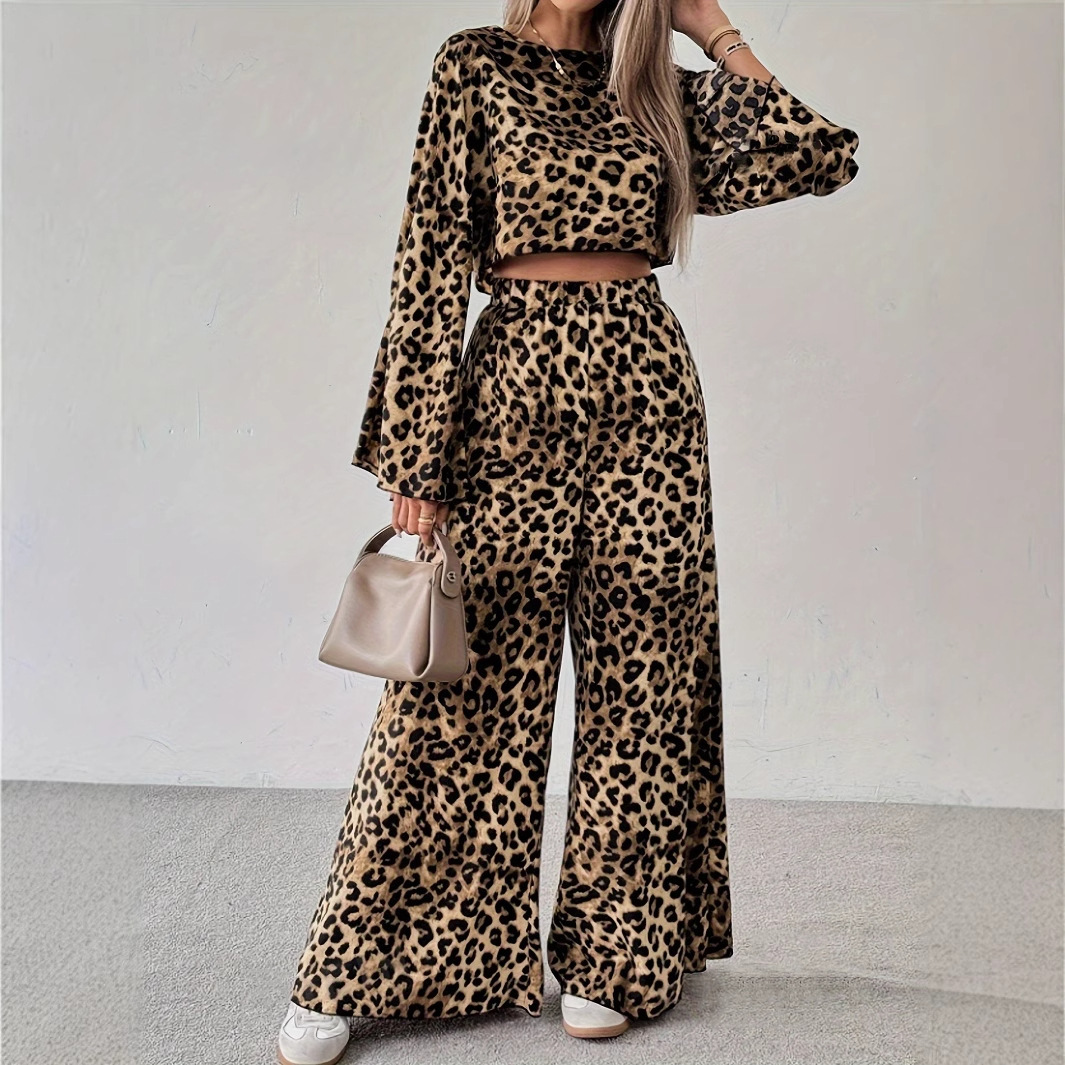 2025 Spring New Leopard Print Loose Comfortable Sleeve Long Pants Two-Piece Womens Set