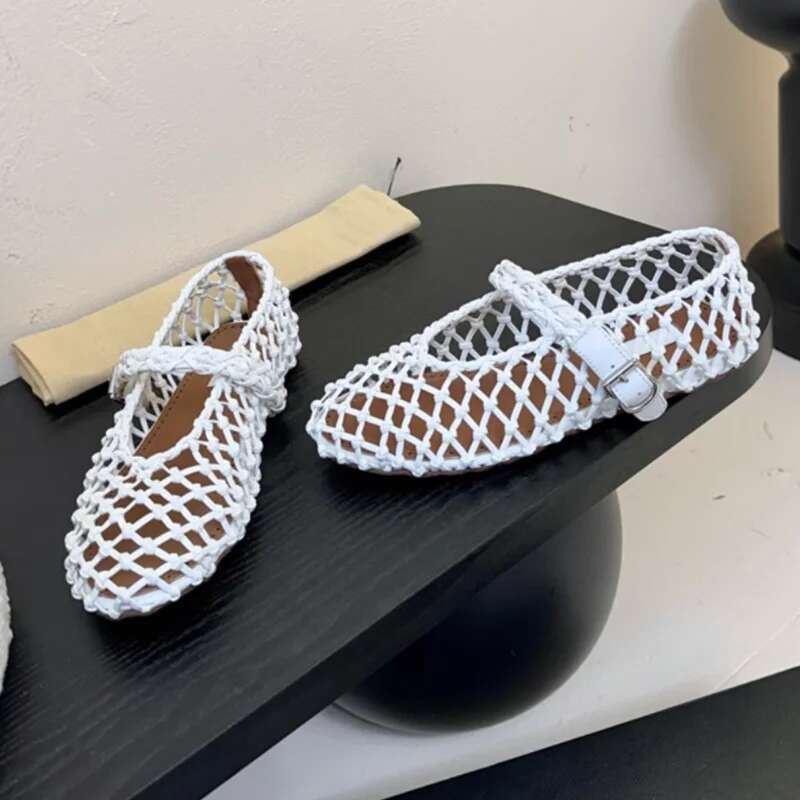 2025 New Retro Classic Woven Hemp Rope Hole Hollow Flat Sandals Ballet Mary Mesh Precious Single Shoes