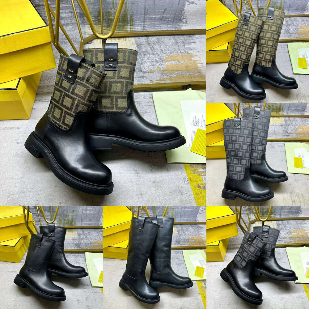 Designer Women Ankle Mid Calf Boots Round Toe Classic letter logo leather canvas Flat Ankle Boots Knee Boots Luxury Fashion Vintage Brand Shoes Martin boots