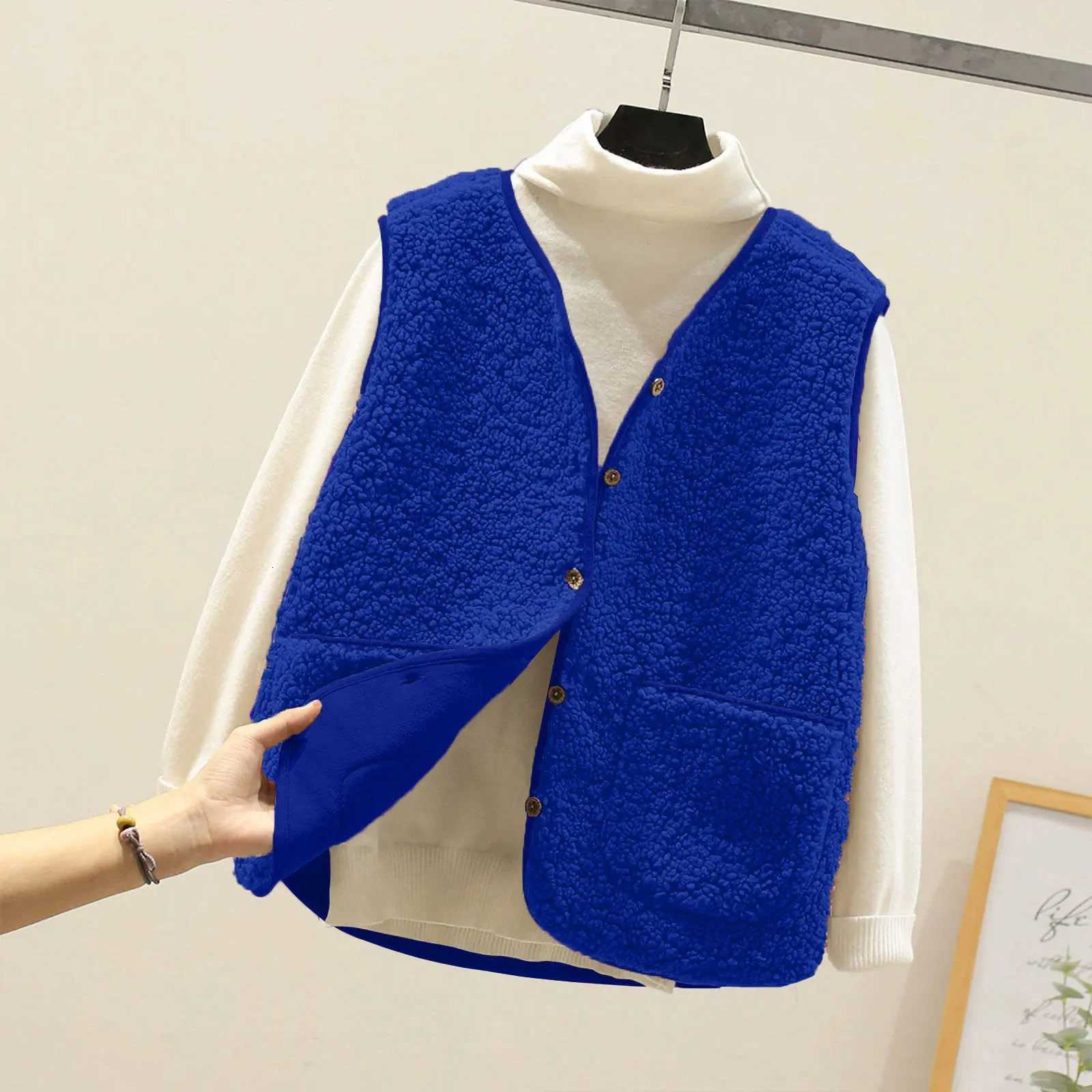 Women Waistcoat OuterwearSleeveless Solid Color Zipper Placket Two Pocket Plush Vest Autumn Winter Thickened Fleece Jacket VestT251128