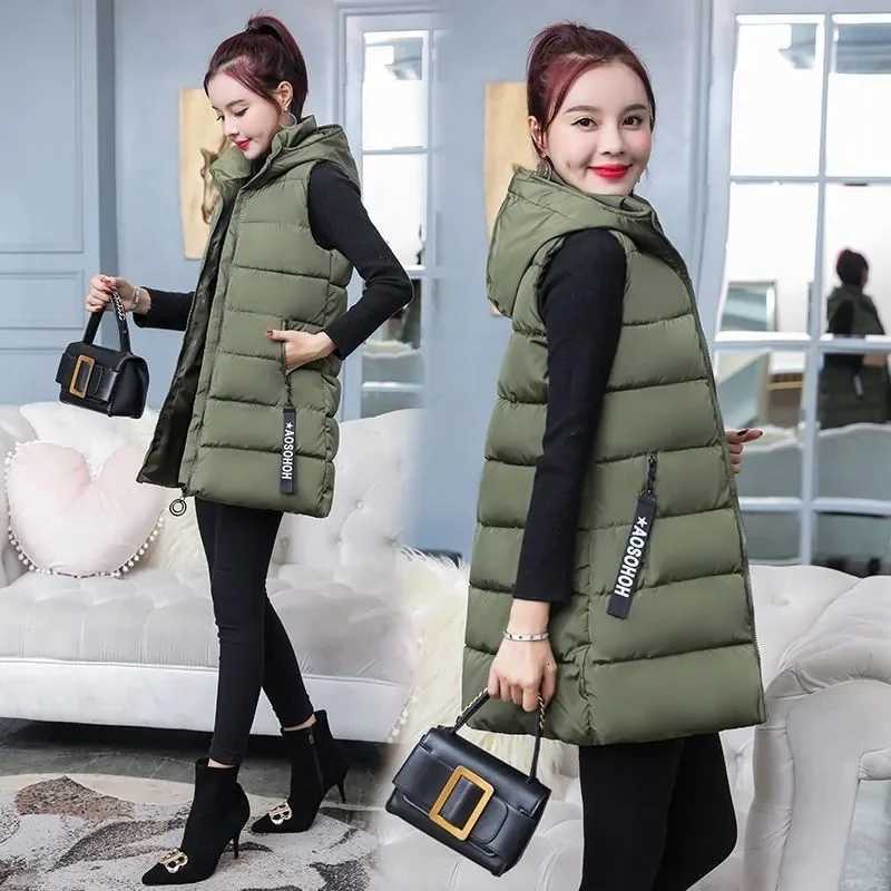 2025 new Down Cotton Vest Women Autumn Winter Hooded Puffer Parkas Long Sleeveless Coat Female loose Warm Waistcoat tideT251128