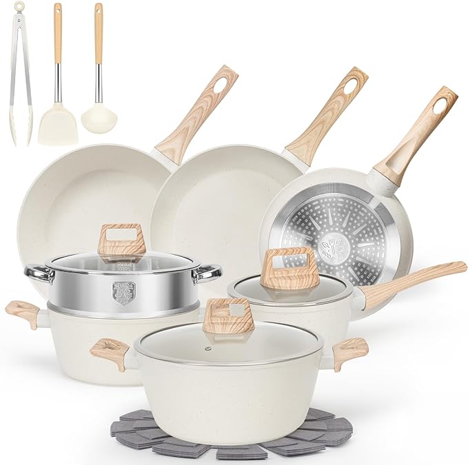 17-Pcs Pots and Pans Set Non Stick Kitchen Cookware Sets Nonstick Induction Cookware Non-toxic Black Granite Cooking Tools with Stay-Cool Handles Sili
