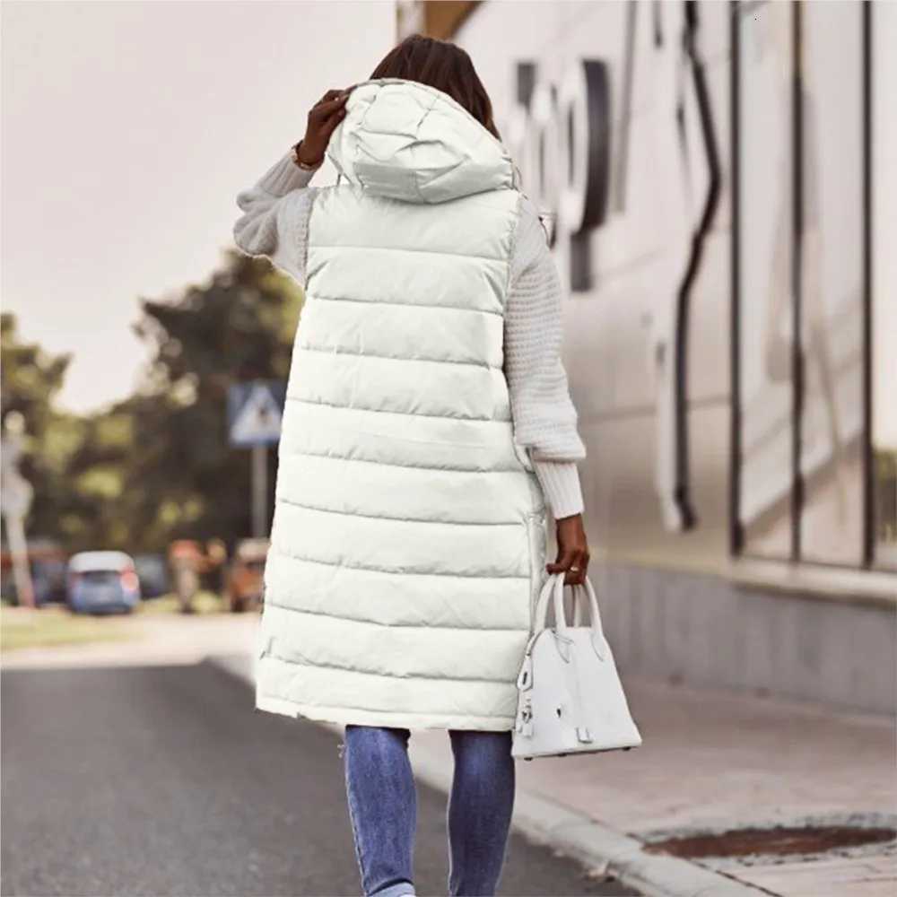 Casual Vest Hooded Single Breasted Mid-length Cotton Padded Jacket Winter Fashion Button Zipper Fitted Cardigan Female Vest CoatT251128