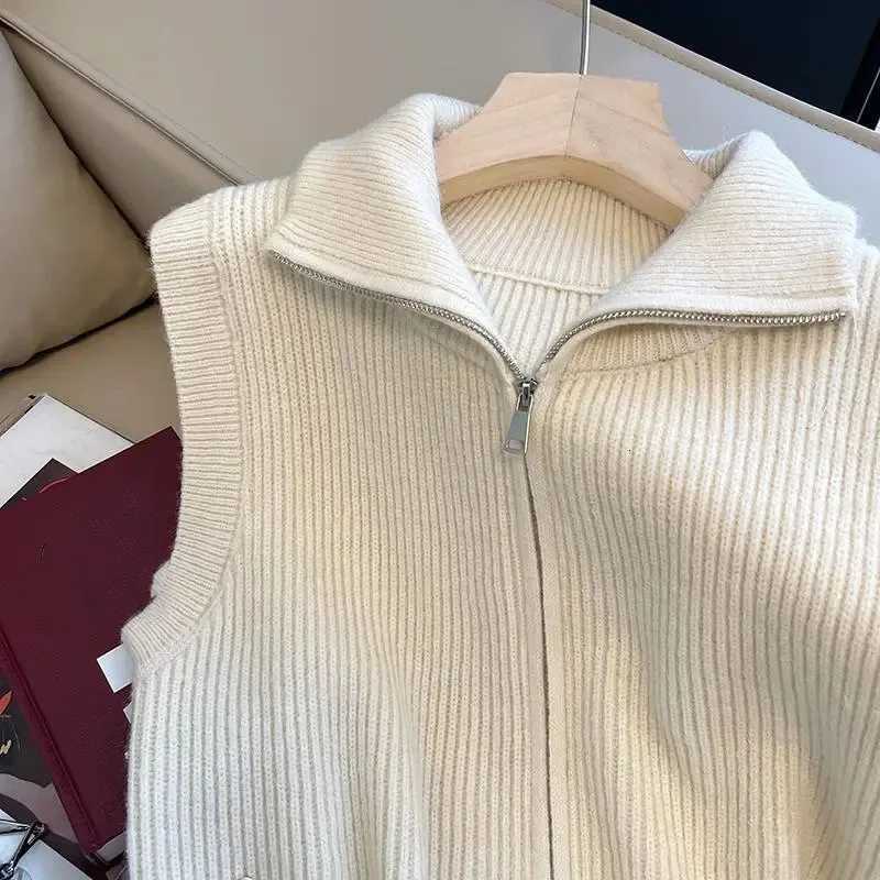 Retro Ladies Short Knit Vest Jacket Female Stand Collar Waistcoat Coat Spring Autumn Women Zipper Sweater Sleeveless TopsT251128