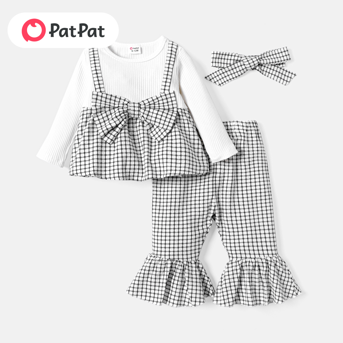PatPat 3pcs Baby Girl Solid Cotton Ribbed Long-sleeve Faux-two Gingham Print Bow Front Top and Flared Pants & Headband Set