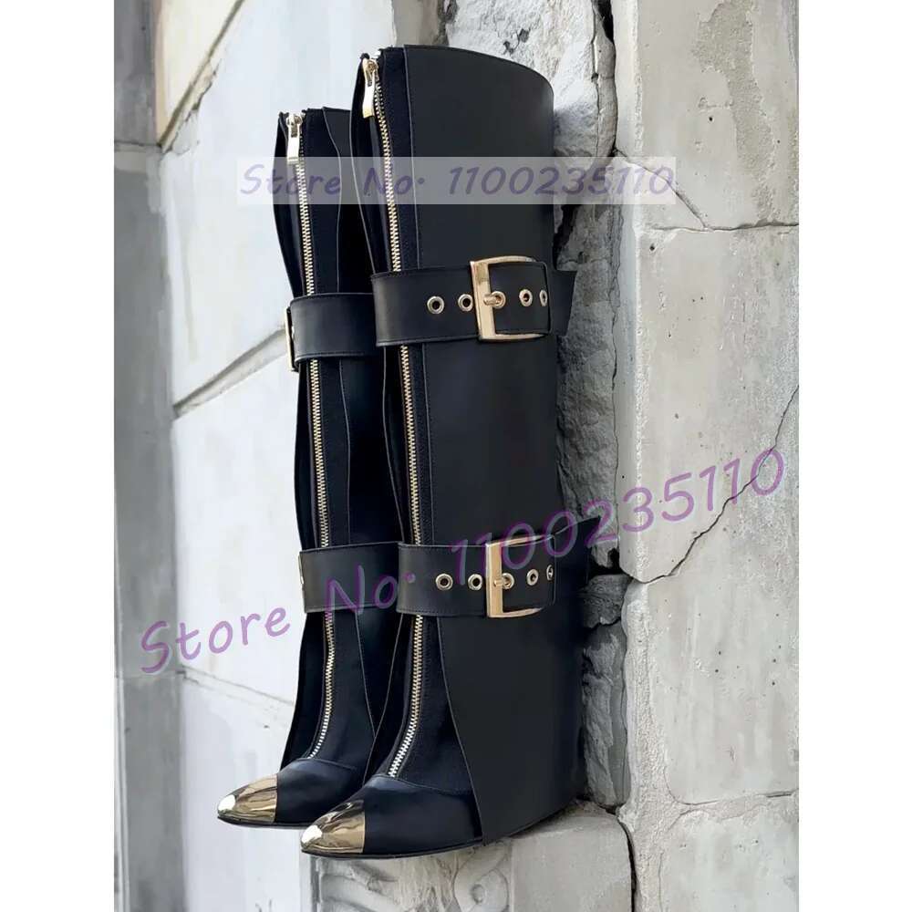 Belt Buckle Strap Fold Over Women Fashion Gold Pointed Toe Thin High Heel Dress Shoes Ladies Stylish Cool Front-zip Boots
