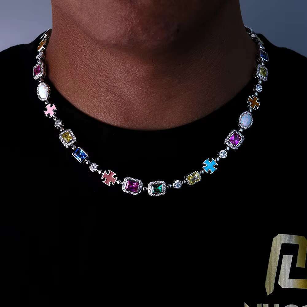 Nuoya 10mm Custom Multi Color Enamel Bling Moissanite Stone Chain Silver Geometric Gemstone Motif Iced Out Chain Necklace