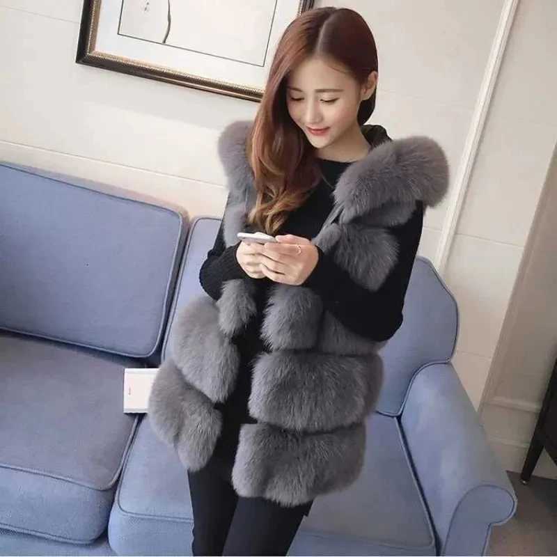 New Hooded Autumn And Winter Mid Length Casual Womens Faux Fur Vest Jacket Comfortable Loose Warm Female Tank Top CoatT251128