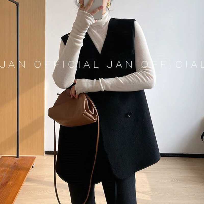 Women Korean Fashion Minimalist Lace Up Asymmetrical Chic Woolen Vest Jacket Office Lady Solid V Neck Sleeveless Loose WaistcoatT251128
