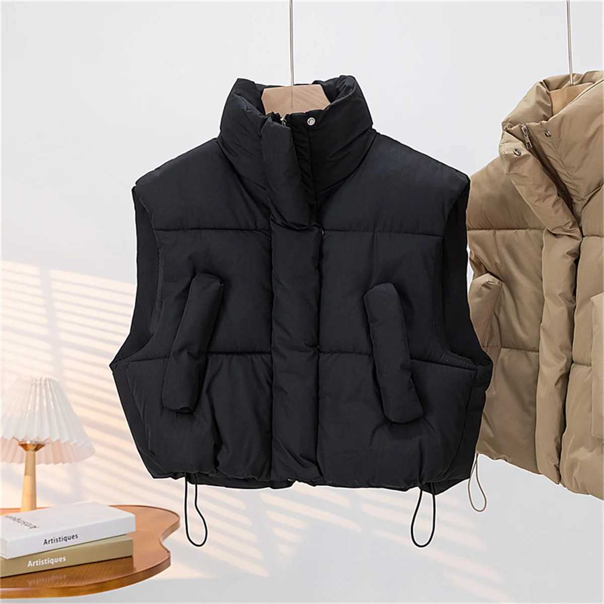 Autumn Winter Womens Short Cotton Down Vest Short Stand-up Collar Warm Sleeveless Quilted Vest Outdoor Jacket Tops OutwearT251128