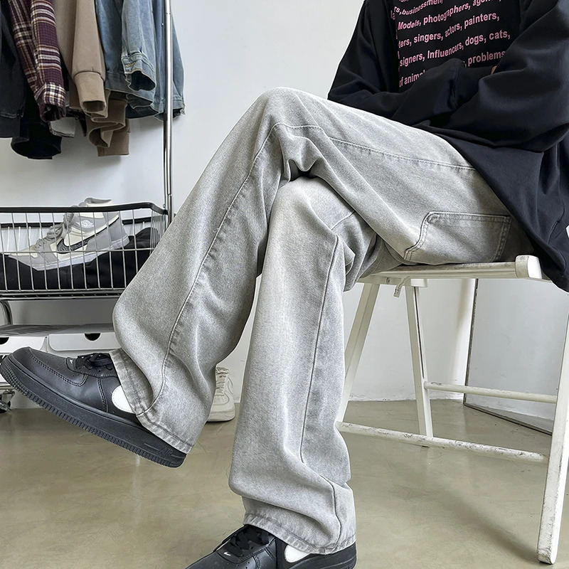 Mens retro light gray boot jeans fashion Korean street denim elastic waist comfortable pants mens clothing 250423