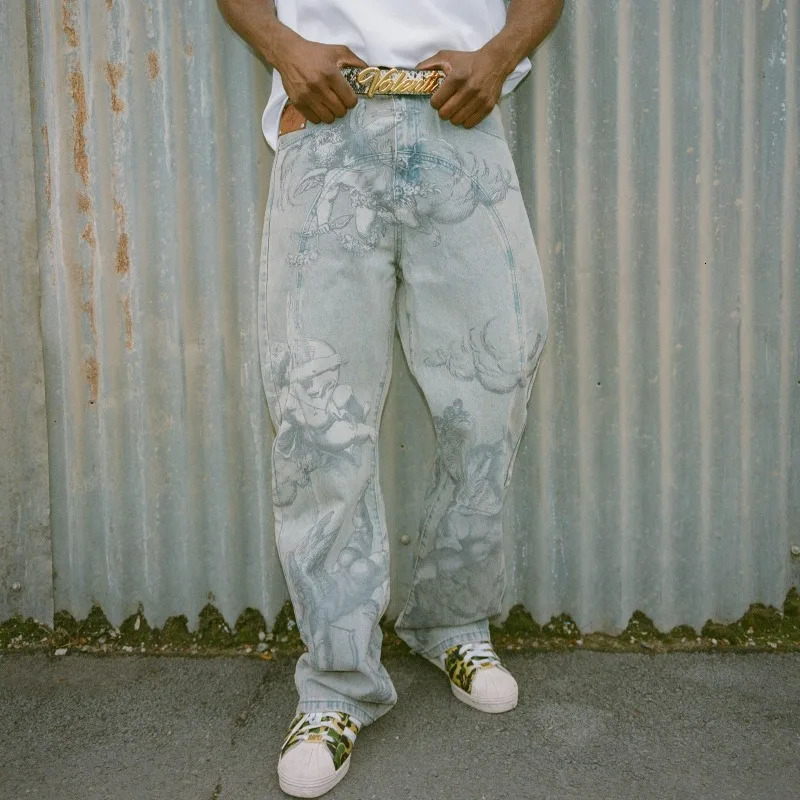 Y2k Retro Baggy Jeans Trendy Cupid Angel Pattern Men Women Pants American Hip Hop Streetwear Unisex Casual Straight Leg Z260313