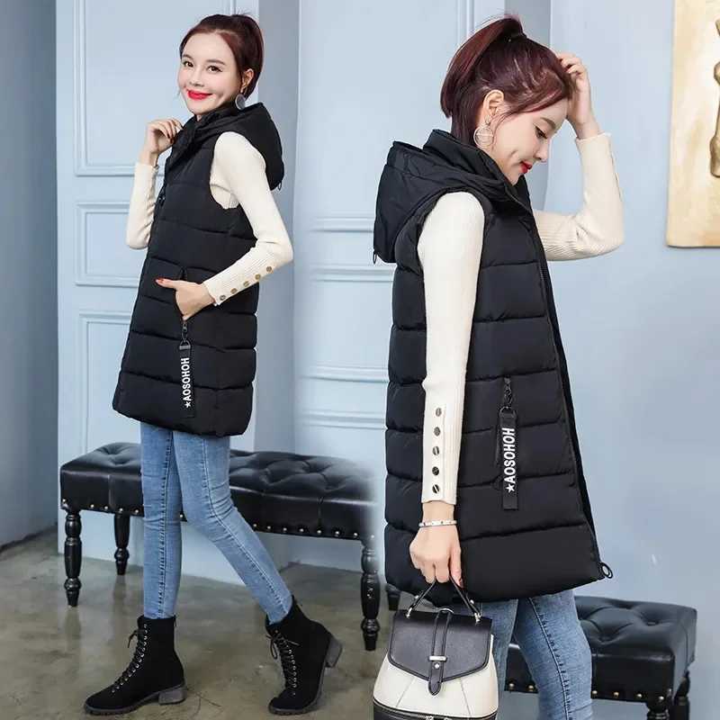 2025 new Down Cotton Vest Women Autumn Winter Hooded Puffer Parkas Long Sleeveless Coat Female loose Warm Waistcoat tideT251128