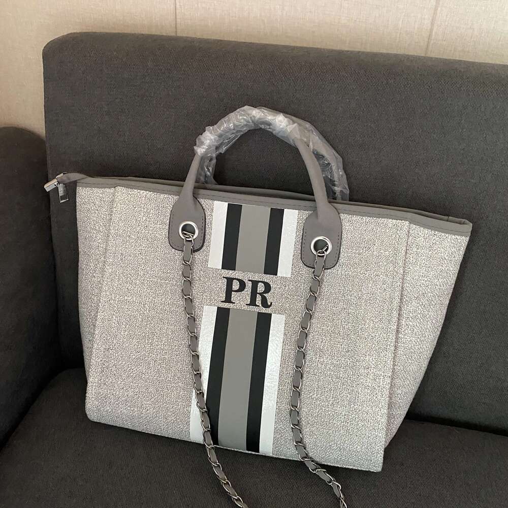 Personalized Monogram Customised Chain Handbag White Stripe Initials Beach Holiday Canvas Tote Bag Bride Gifts
