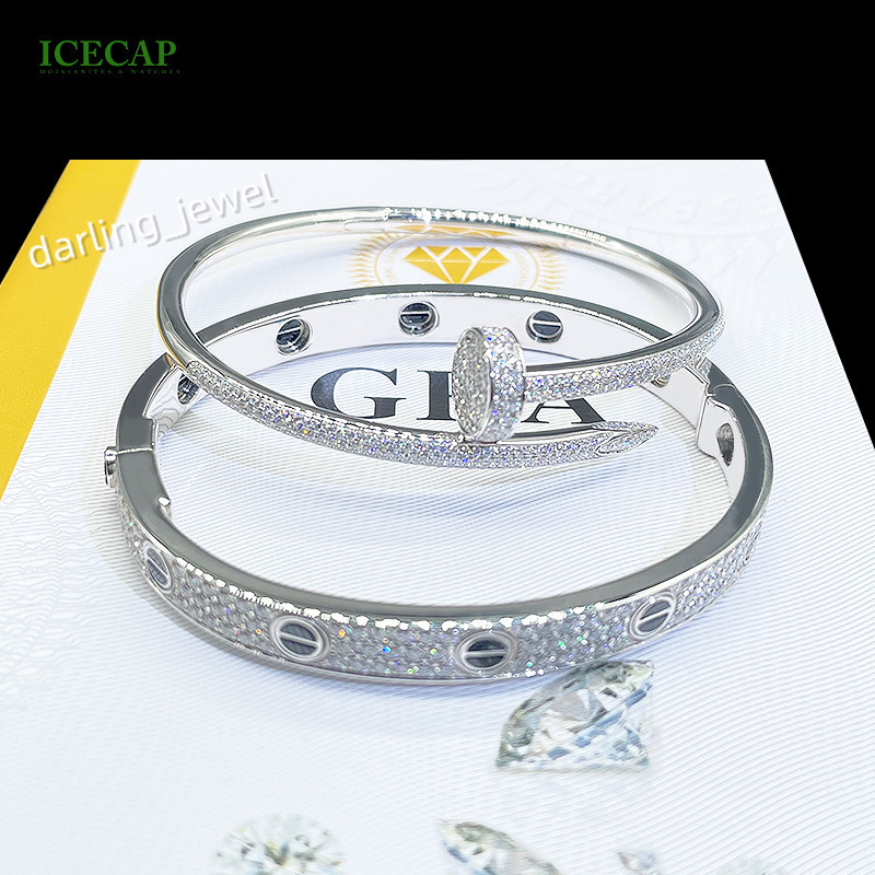 Custom VVS Moissanite Diamond Thin Nail Bangle Bracelet 925 Silver White Gold Plated Bracelet Fine Jewelry Charm Bracelet Women