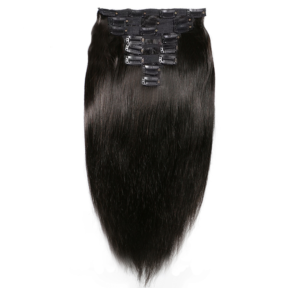 Peruvian Remy Clip in Human Hair Extensions Real Human Hair Natural Black 8pcs Per Set with 18 Clips Double Weft 120 grams