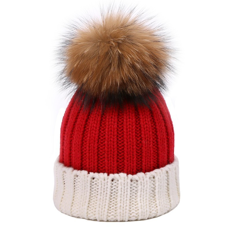 Knitted two-color woolen hat for autumn and winter warmth, rolled edge hat, Korean version two-color women's raccoon ball knitted hat