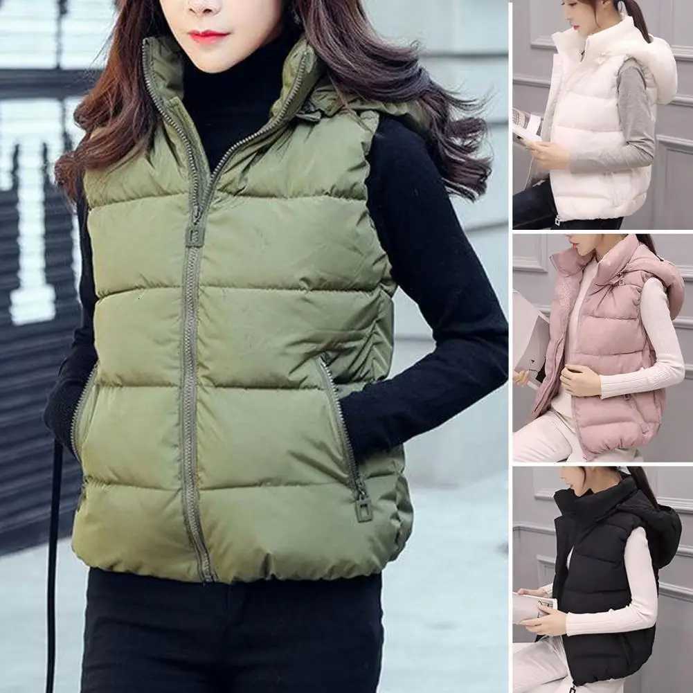 Sleeveless Stand Collar Slant Pockets Zipper Vest Overcoat Women Winter Removable Hat Warm Cotton Padded Waistcoat OuterwearT251128