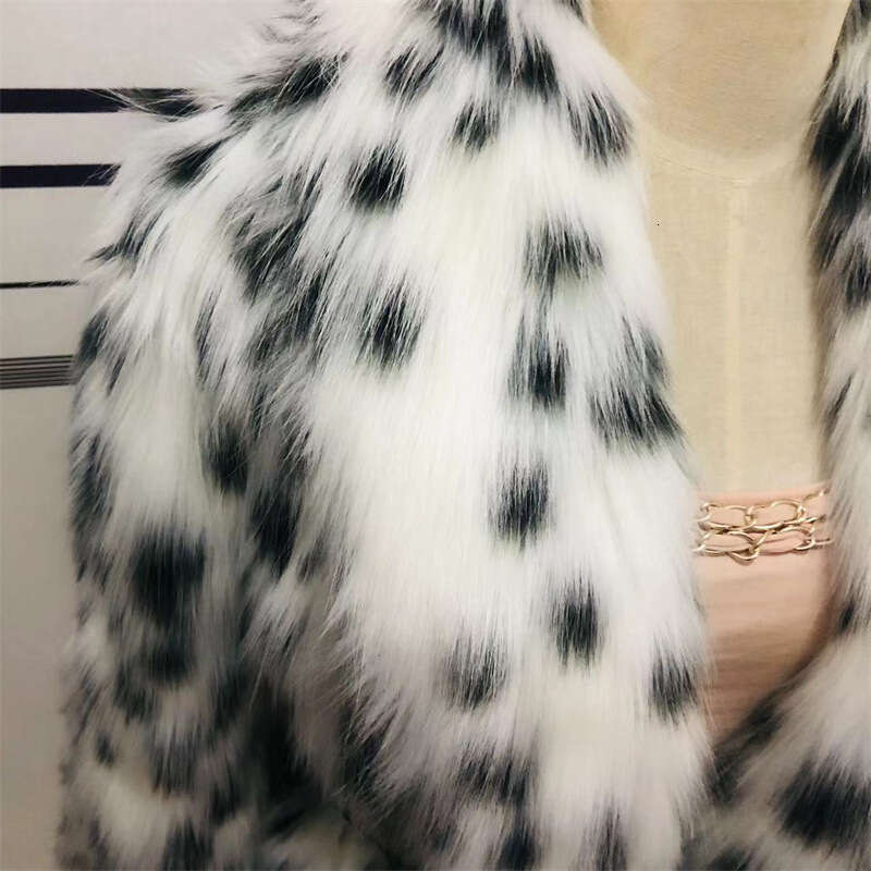 Mid-Length Long Sleeve Leopard Print Faux Fox Fur Women's Coat