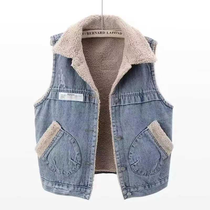 Deep Blue Lambhair Plush Thicken Denim Vest Women Autumn Winter Large Size Short Jeans Coat Sleeveless Jacket Warm Waistcoat 5XLT251128