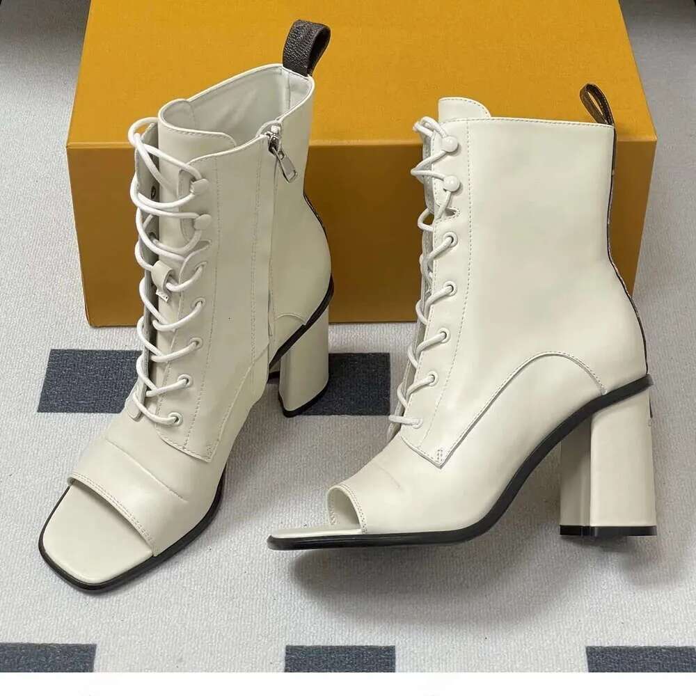 Top quality luxury Ankle Boots designer shoe woman peep toe leather Strap zip high Chunky heel laddy boots fashion patty Hight Heels Boot womans booties dress shoe