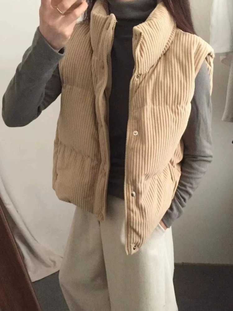 Vintgae Thick Corduroy Stand-up Collar Down Vest 2025 Fall Winter Korean Sleeveless Jacket Female Y2k Outwear Vest Coats TopsT251128