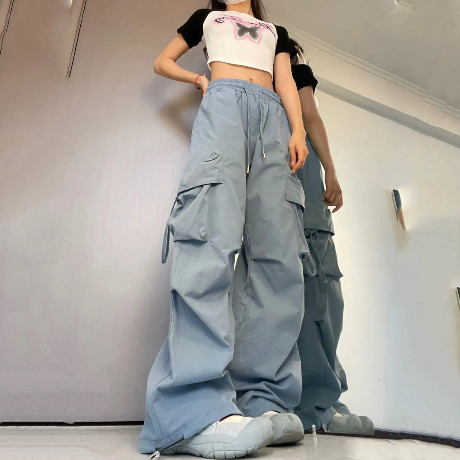 Ripped Y2K Women Cargo Pants Fashion Vintage Hip Hop Loose High Waist Pocket Baggy Pant Casual Streetwear Drawstring Sweatpant Z260312