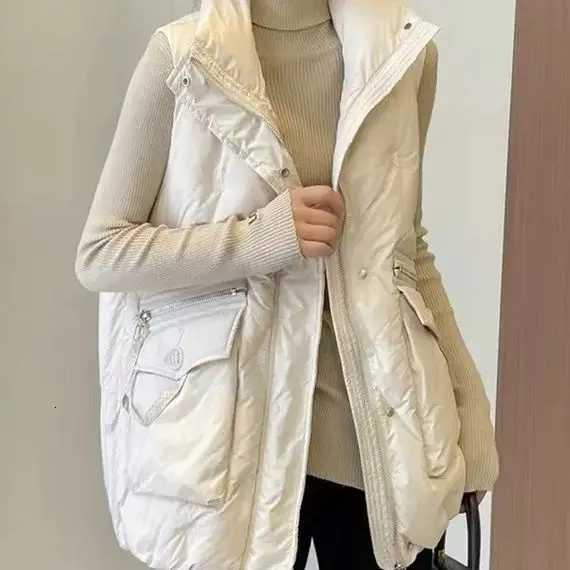 2025 Autumn Winter Women Solid Loose Vest Drawstring Stand Collar Short Jacket Cotton Padded Warm Waistcoat J21T251128