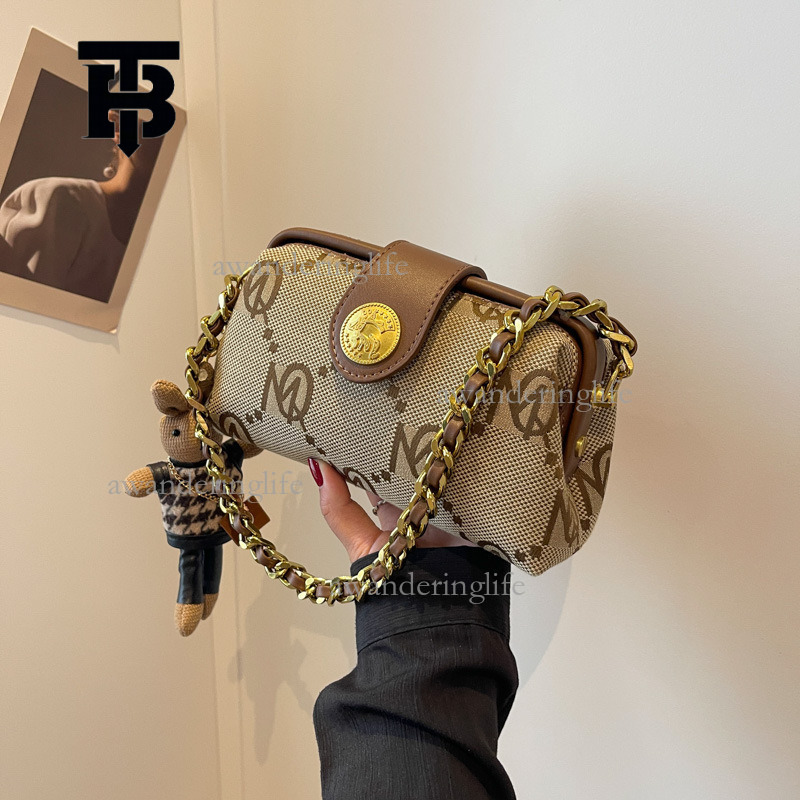 TB BHULAMTE Designer Luxury Striped Women's Law Stick Bag Fashion Chain Retro Printed Single Shoulder Crossbody Bag Trendy Mini Cylinder Phone Ba