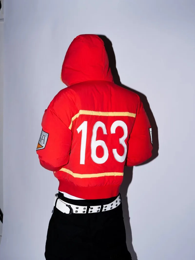 American alphanumerical patchwork line red mens cotton suit autumn and winter high street fashion punk jacket couple loose coat 251125